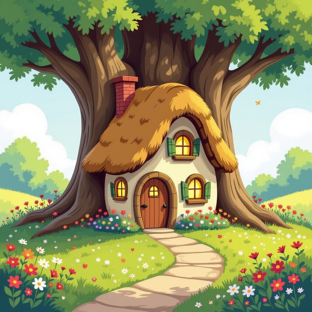 Cozy Treehouse Home Amidst Wildflowers in Storybook Style