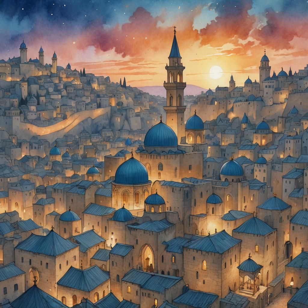 Jerusalem Sunset: Whimsical Watercolor Concept Art