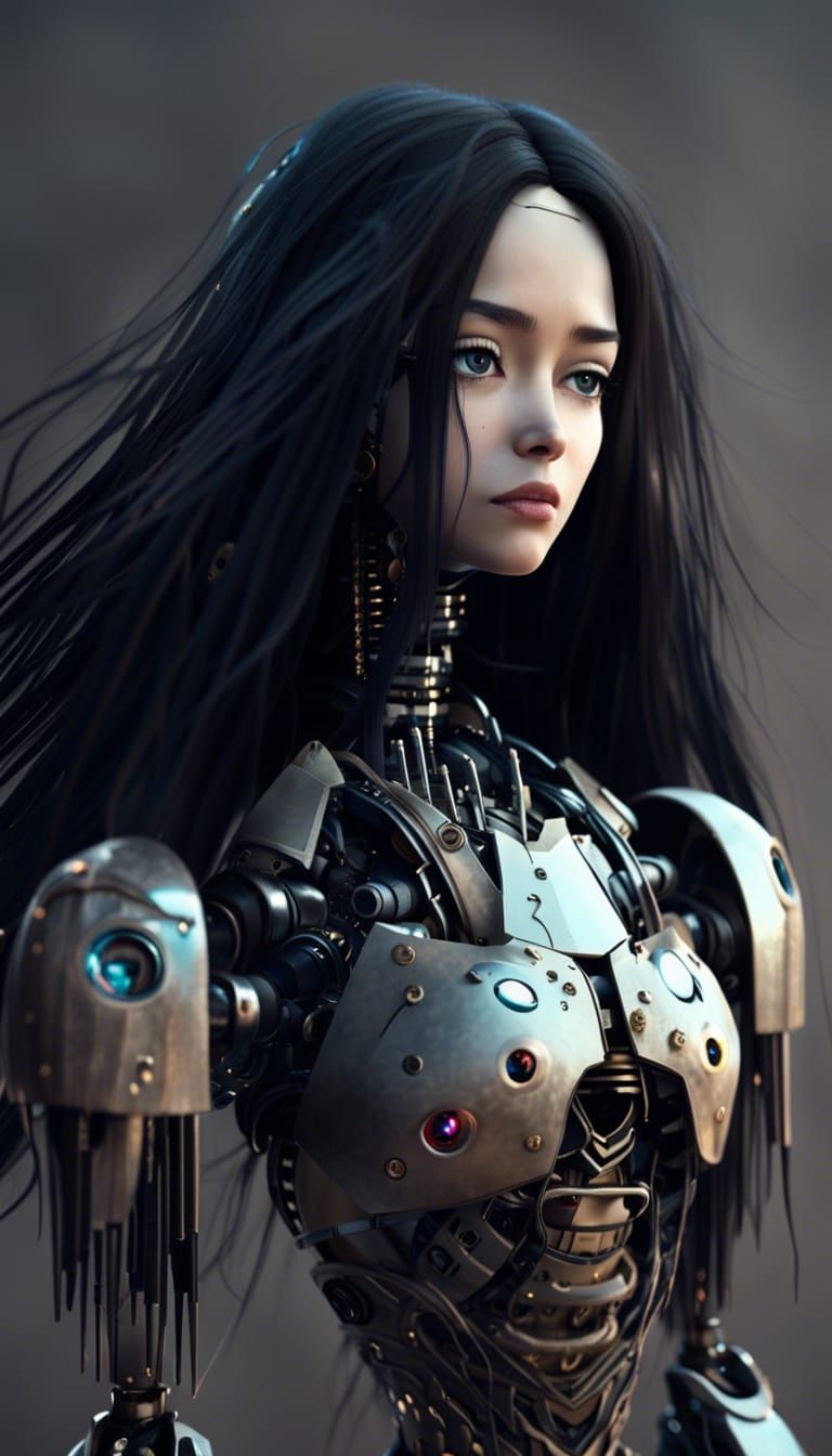 A beautiful female robot with long black hair and dark brown...