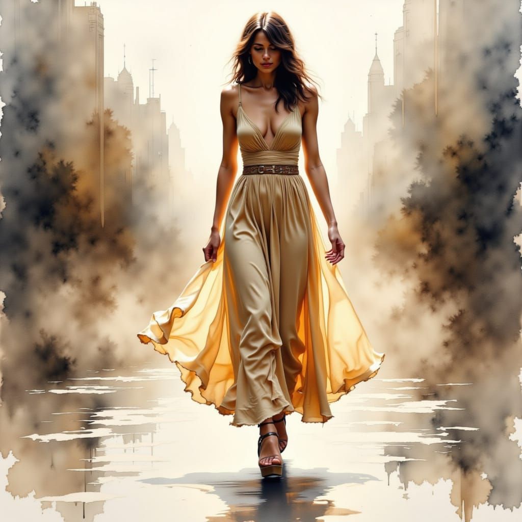 Frontal illustration of a woman in a long dress walking, facing the viewer.

wet-on-wet watercolor alcohol ink negative space, coffee-staine...