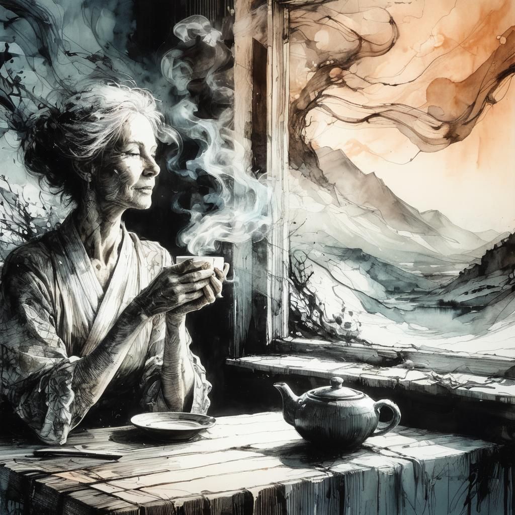 Woman drinks tea by the window  by @Eziuiu