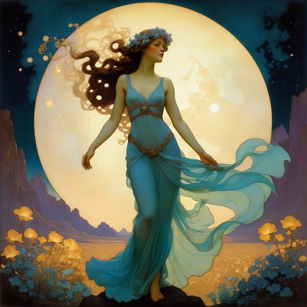 Ethereal Goddess in Bioluminescent Bloom, Cosmic Art Nouveau