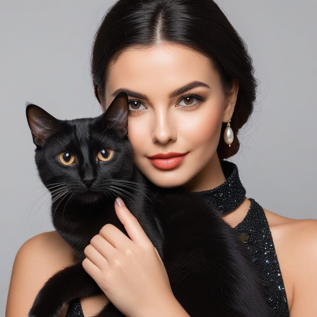 Beautiful Female With Her Cat