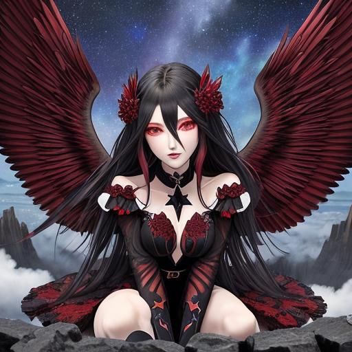 An angel girl with dark red, black anf blue design. Her eyes...