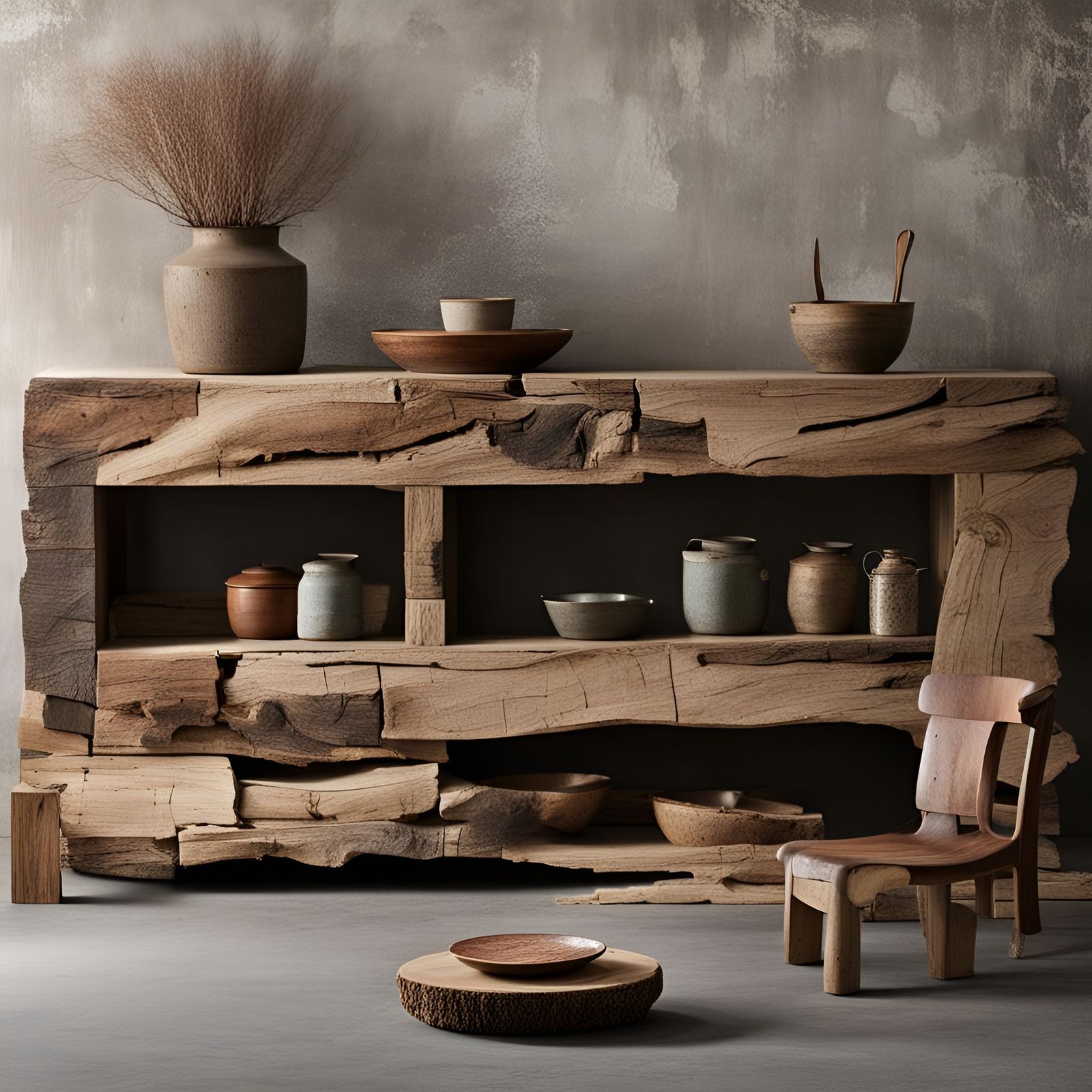 Rustic wooden furniture in style of  Wabi-Sabi Art  by @viisipuu