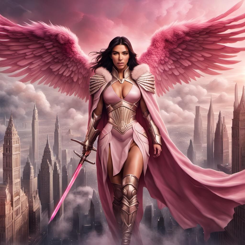 Kim Kardashian archangel warrior armour wings holding sword pink cape with a fur lining flying above ...  by @andrew fanshaw
