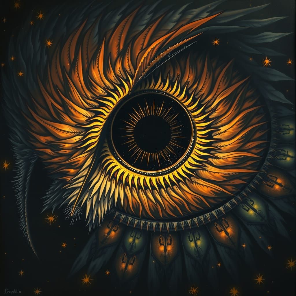 black sun in the eye of the sinister owl, illuminating spark...