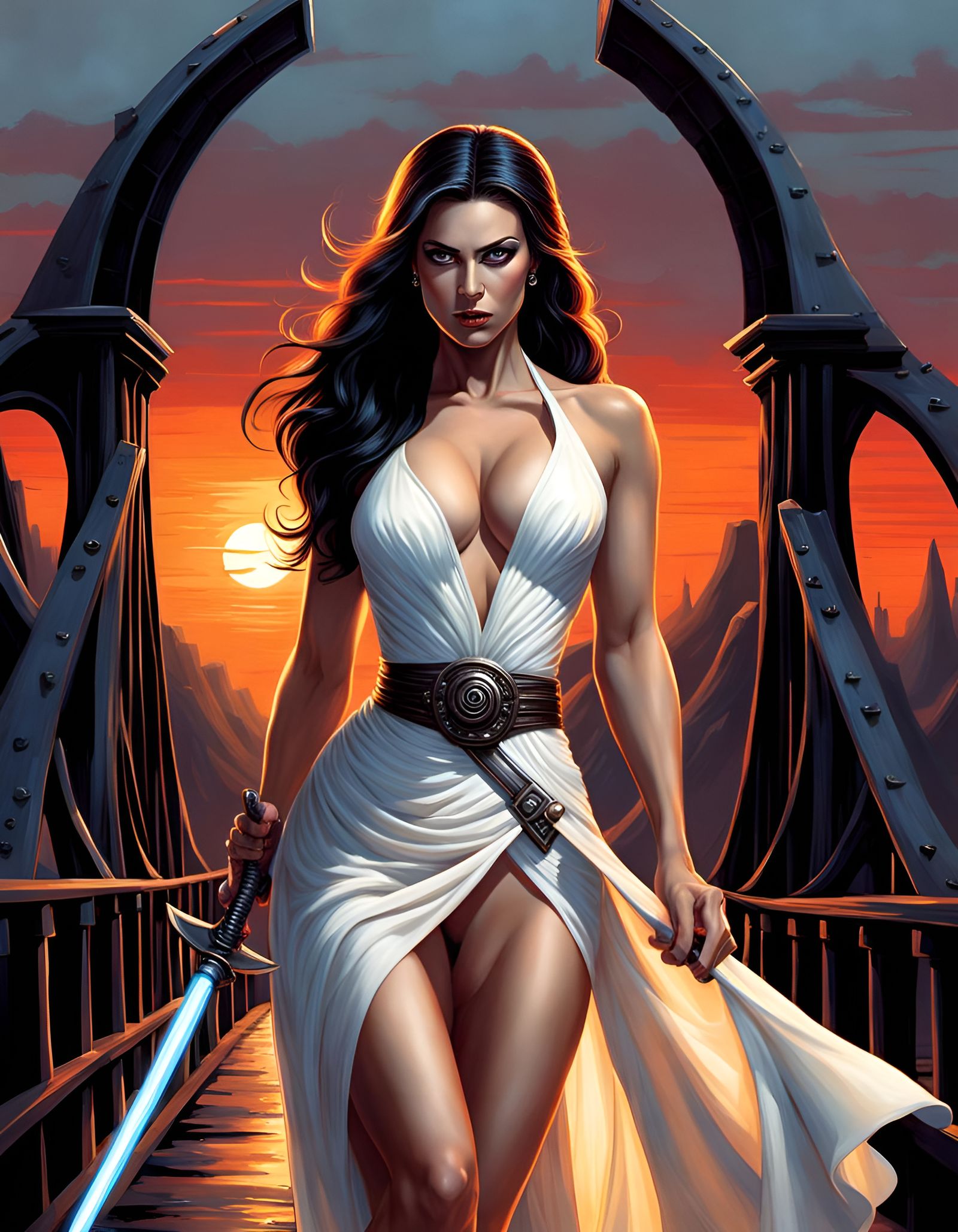 Ursula Corbero as Jedi Master, long brunette hair, holding a saber, in a  creepy bridge, pinup girl,, in a mini white dress, sunset, action... - AI  Generated Artwork - NightCafe Creator