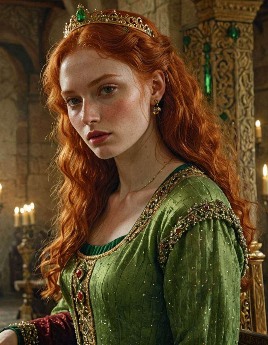 Medieval Queen in Luxurious Hall: Photorealistic Digital Art
