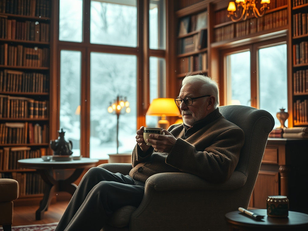 Elderly Man's Winter Solace: Cozy Home Library