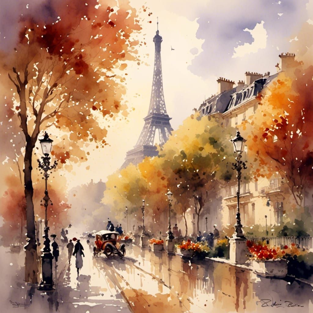 Paris et la tour eiffel <lora:Antique Watercolor:1.0> warm colors watercolor diffuse light rendered in Blender vapor landscape Pino Daeni