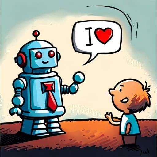 Robot holding sigh next to human saying: “I love you”