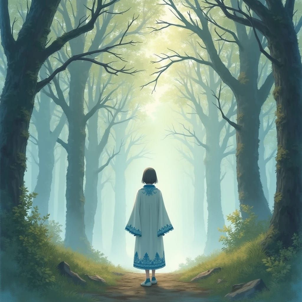Mystical Forest Figure in Ethereal Landscape