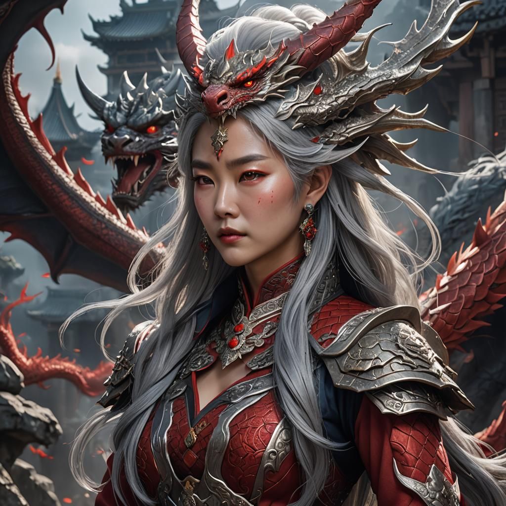 Korean lady silver hair red dragon queen