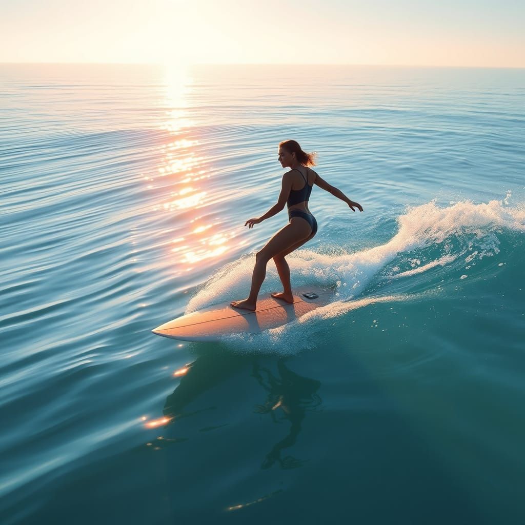 Woman Riding a Surfboard in a Tranquil Ocean Scene