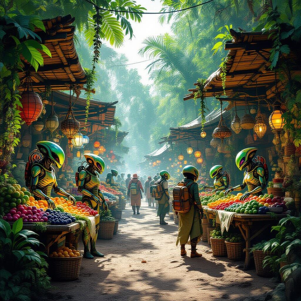 A bustling alien market on a jungle planet, where vendors with exoskeletons sell exotic, bioluminescent ...  by @Ron Gould