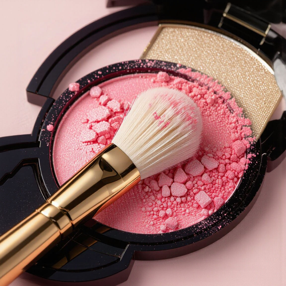 A page in A4 format. A matte gold makeup brush. Rounded and narrow. The brush hairs are thin and airy and white. There is pink blush powder ...