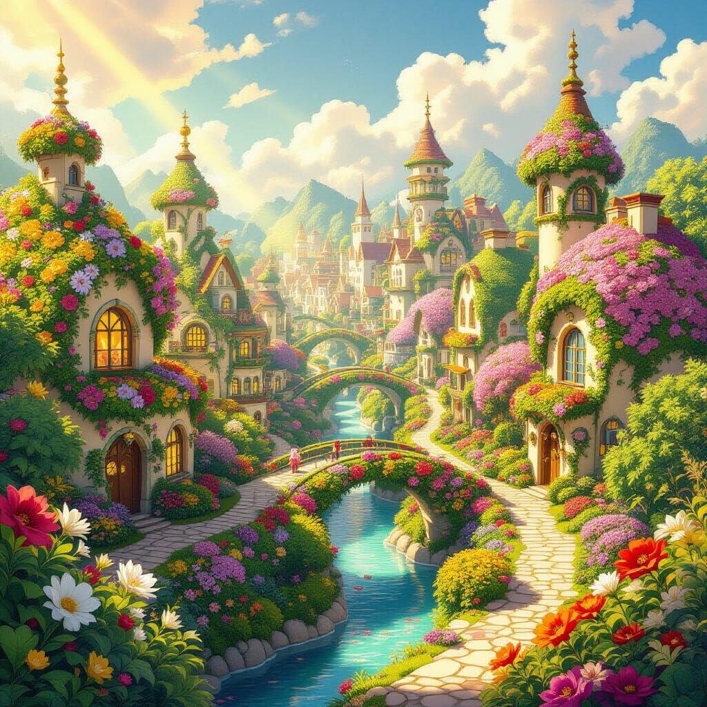 Vibrant Floral Cityscape in Ghibli Style