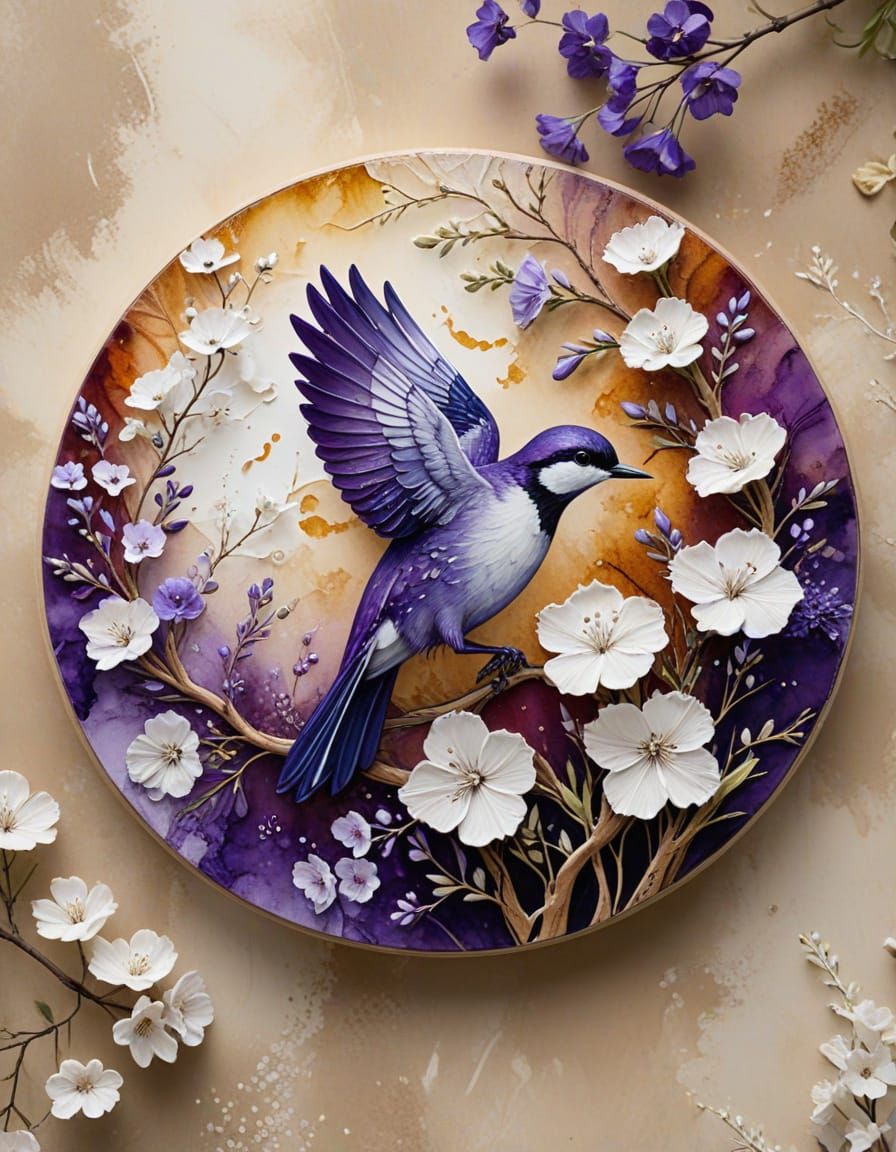  alcohol ink art blue tint, Circular design of clouds, white-Larkspur flowers, and a tree with a purple bird. Surrounded by a gold frame on ...