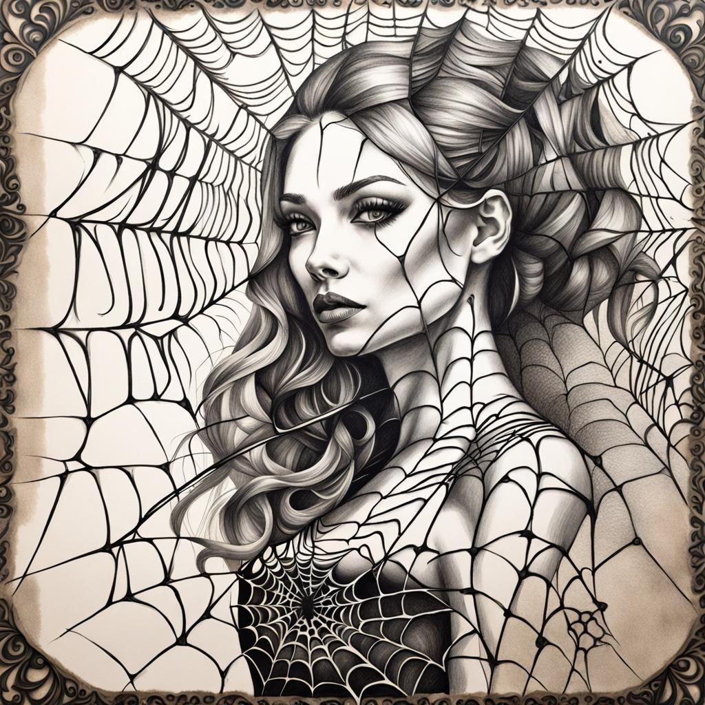 Spider web art in the form of a spider web with charcoal and...