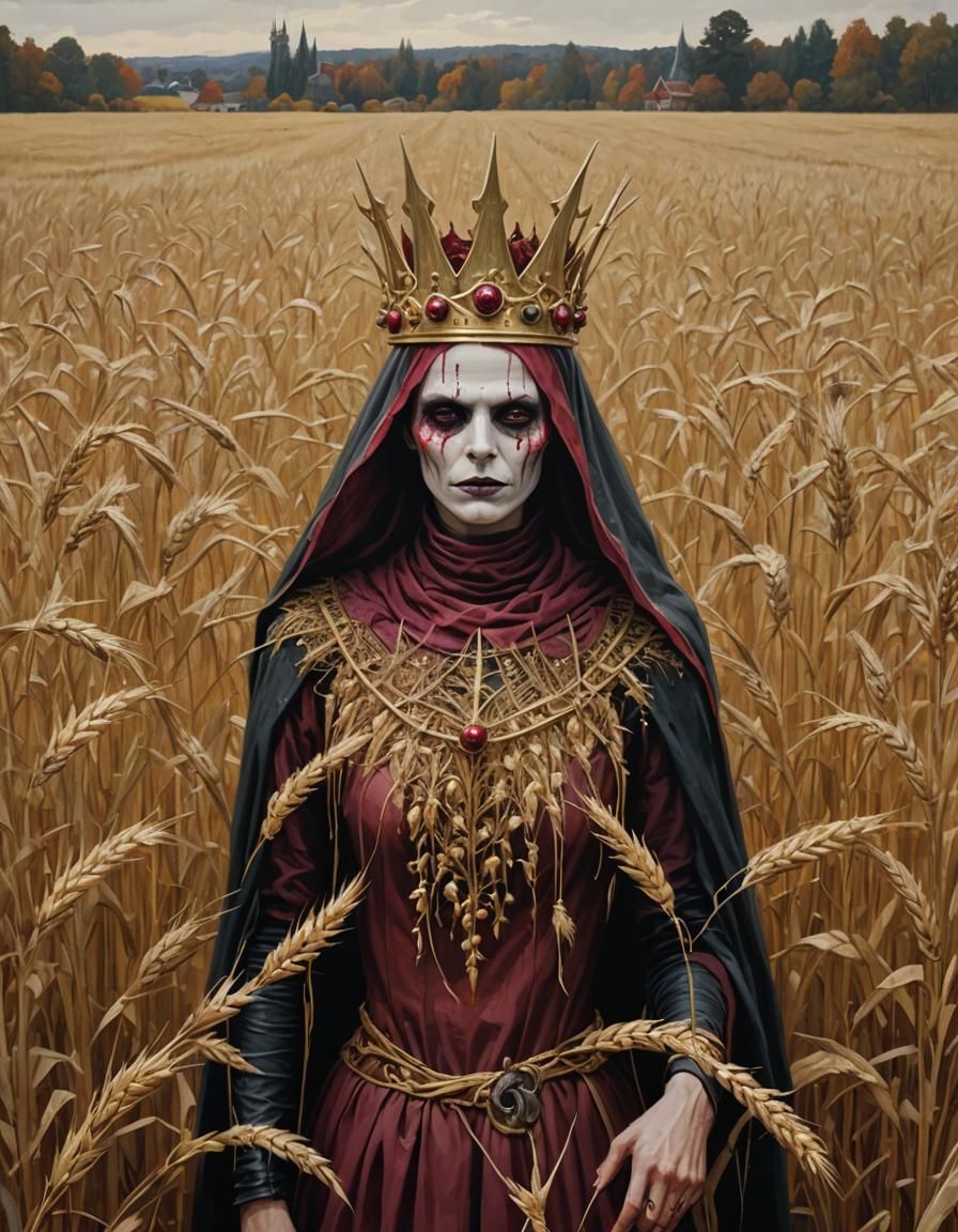 gold and cranberry-color veiled creepy woman with spikey folk horror ...