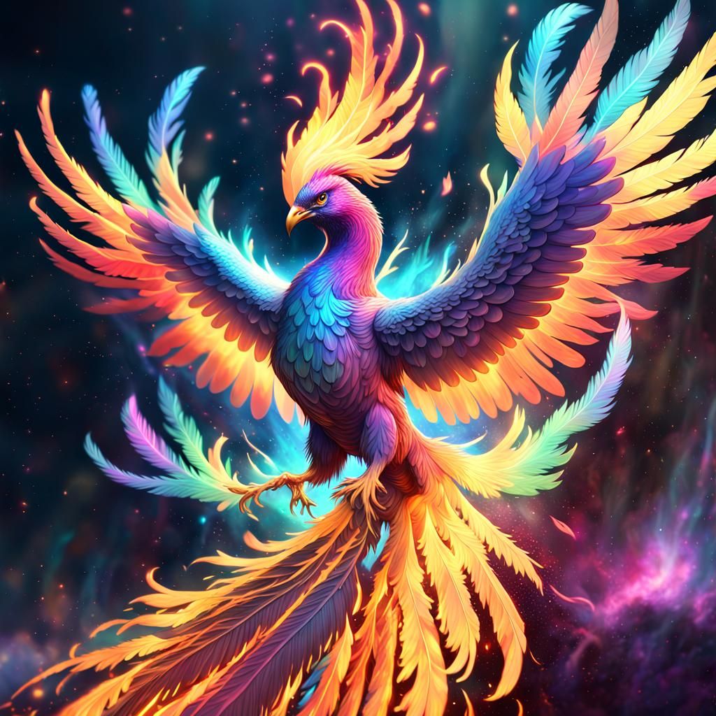 a holographic phoenix rising from cosmic ashes, its feathers...