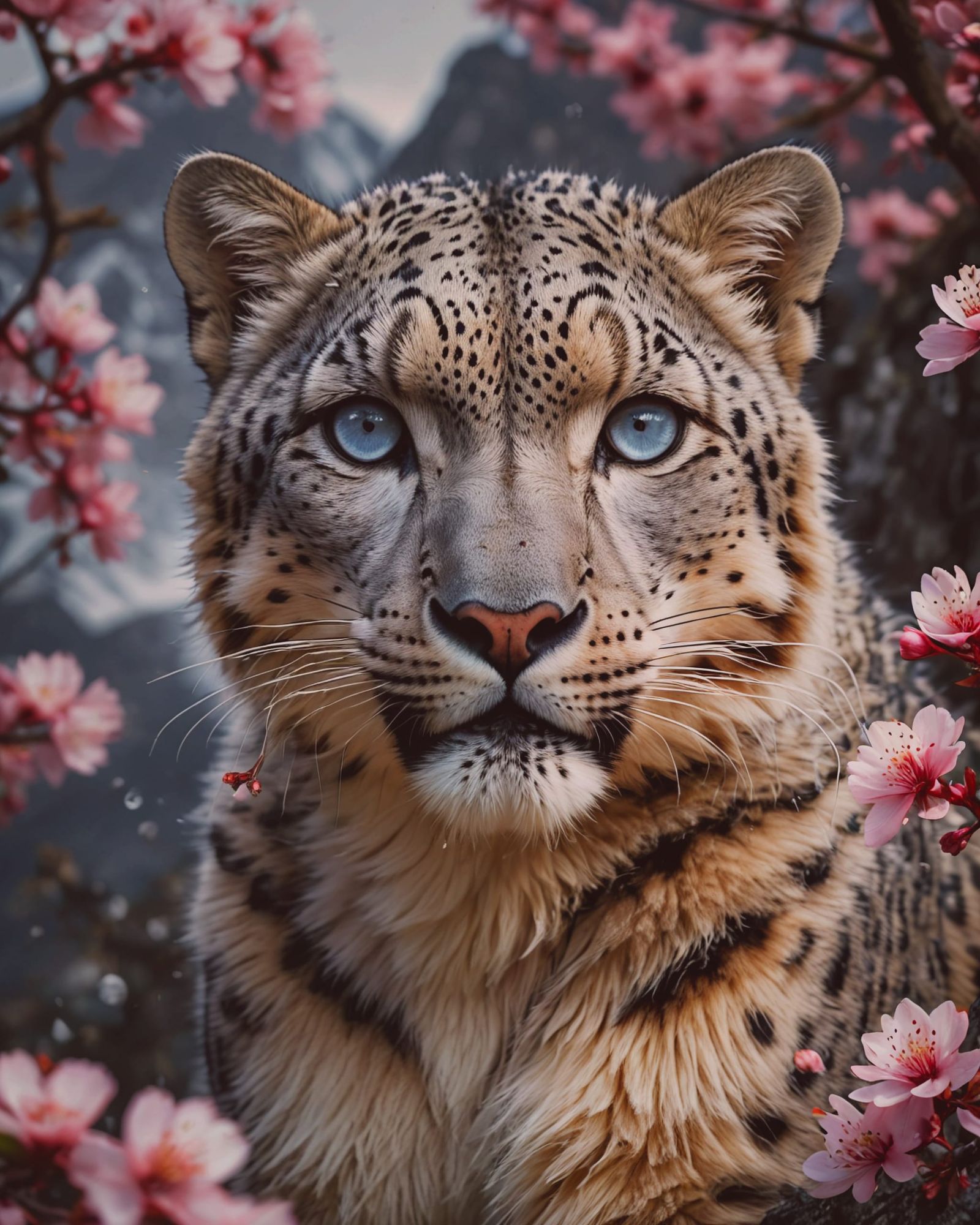 Leopard amidst cherry blossoms