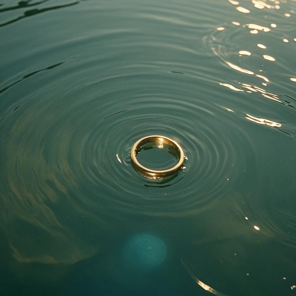 The One Ring sinks into the water. Golden ring sinking under deep water. Sinking under water.