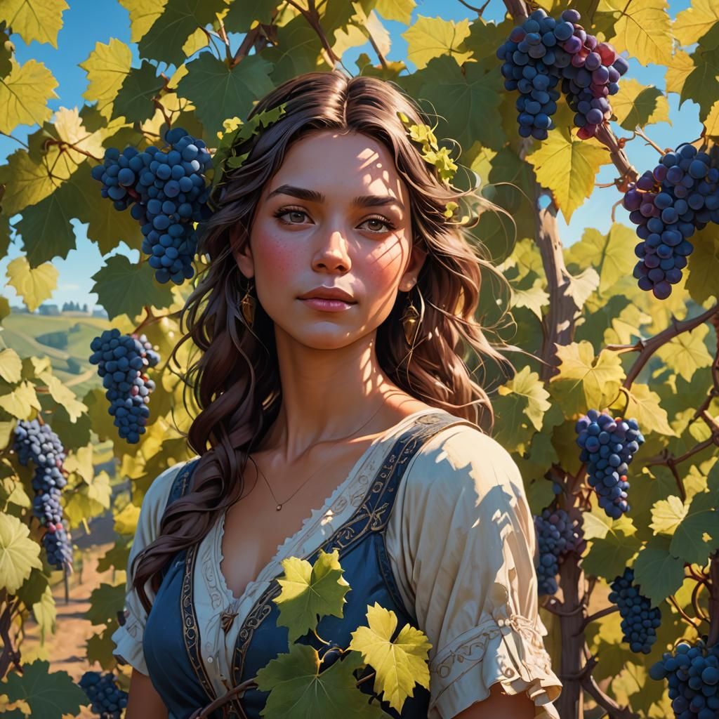 A vibrant vineyard with rows of grapevines under a clear blu...