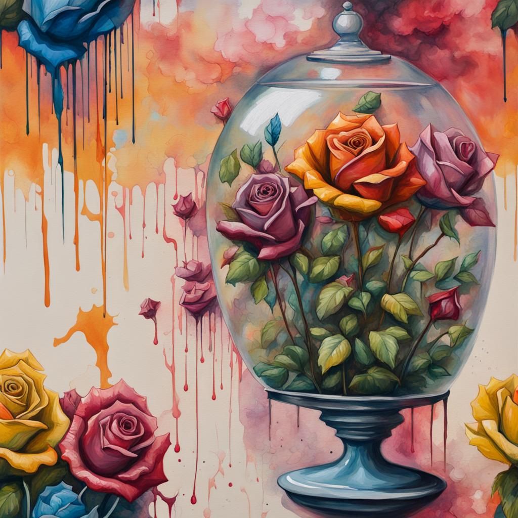 A terrarium filled with colourful Metal roses graffiti splas...