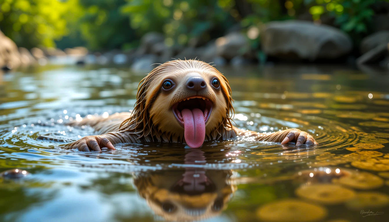 A cute sloth with its tongue hanging out swimming in a river.
