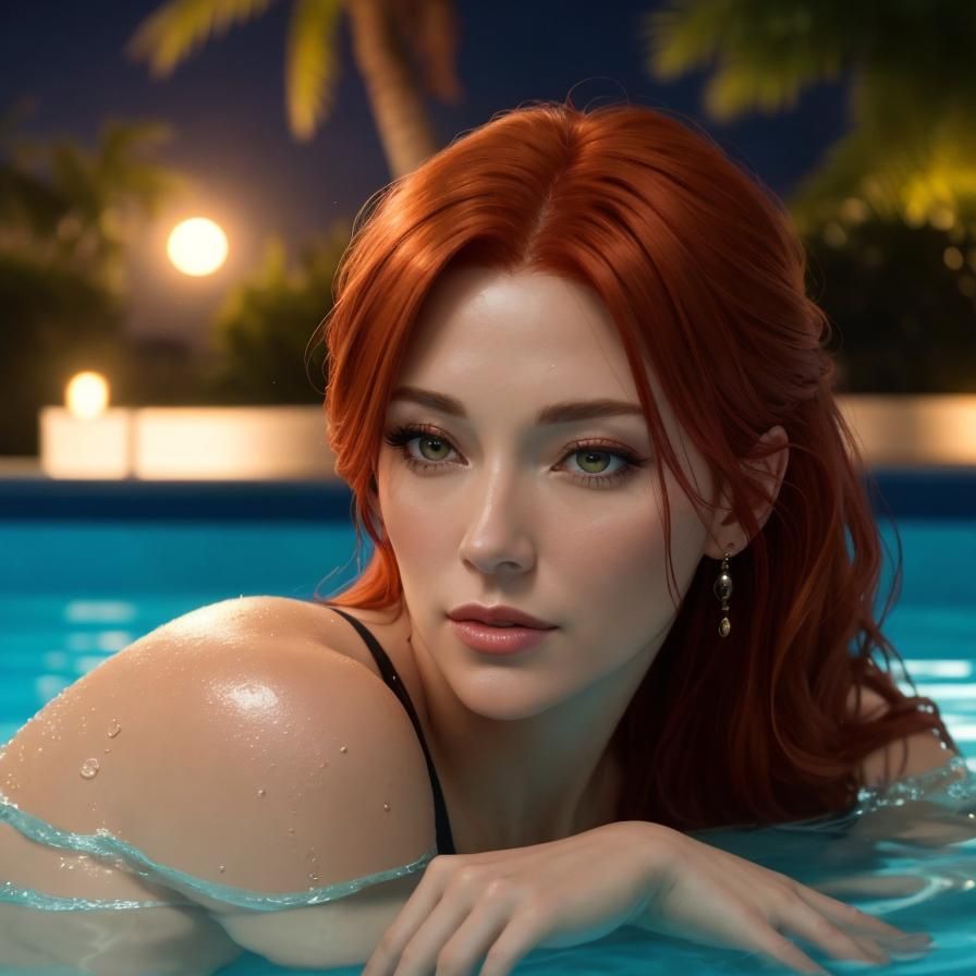 close-up of an Attractive, 42 year-old woman with copperish red hair, relaxing in the pool, beautiful face, beautiful body, beautiful derrie...