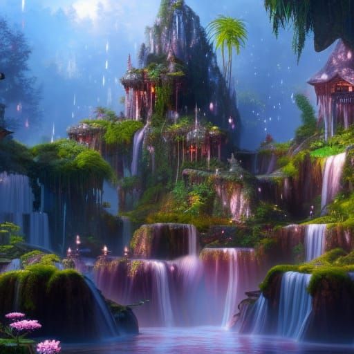 A Very Detailed Stunningly Beautiful Magical Waterfall Garden With A ...