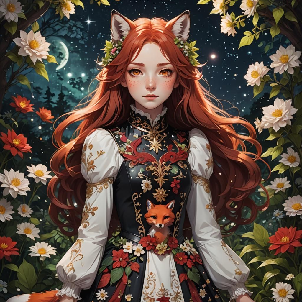 A young anime-style Fox girl with long, wavy red hair wearin...
