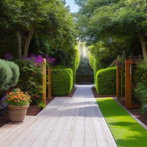 A beautiful garden, flowers, pebbled path, lanterns hanging ...