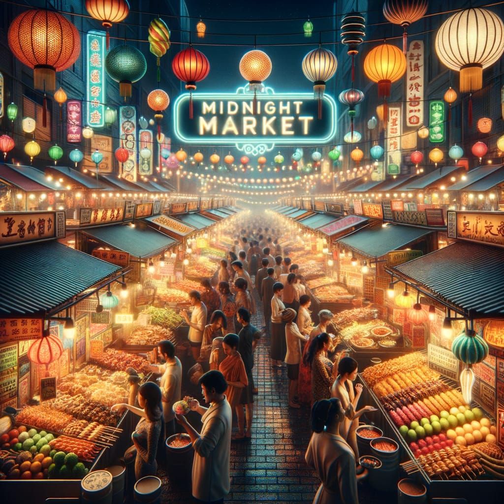 Vibrant Night Market Scene in Photorealistic Style