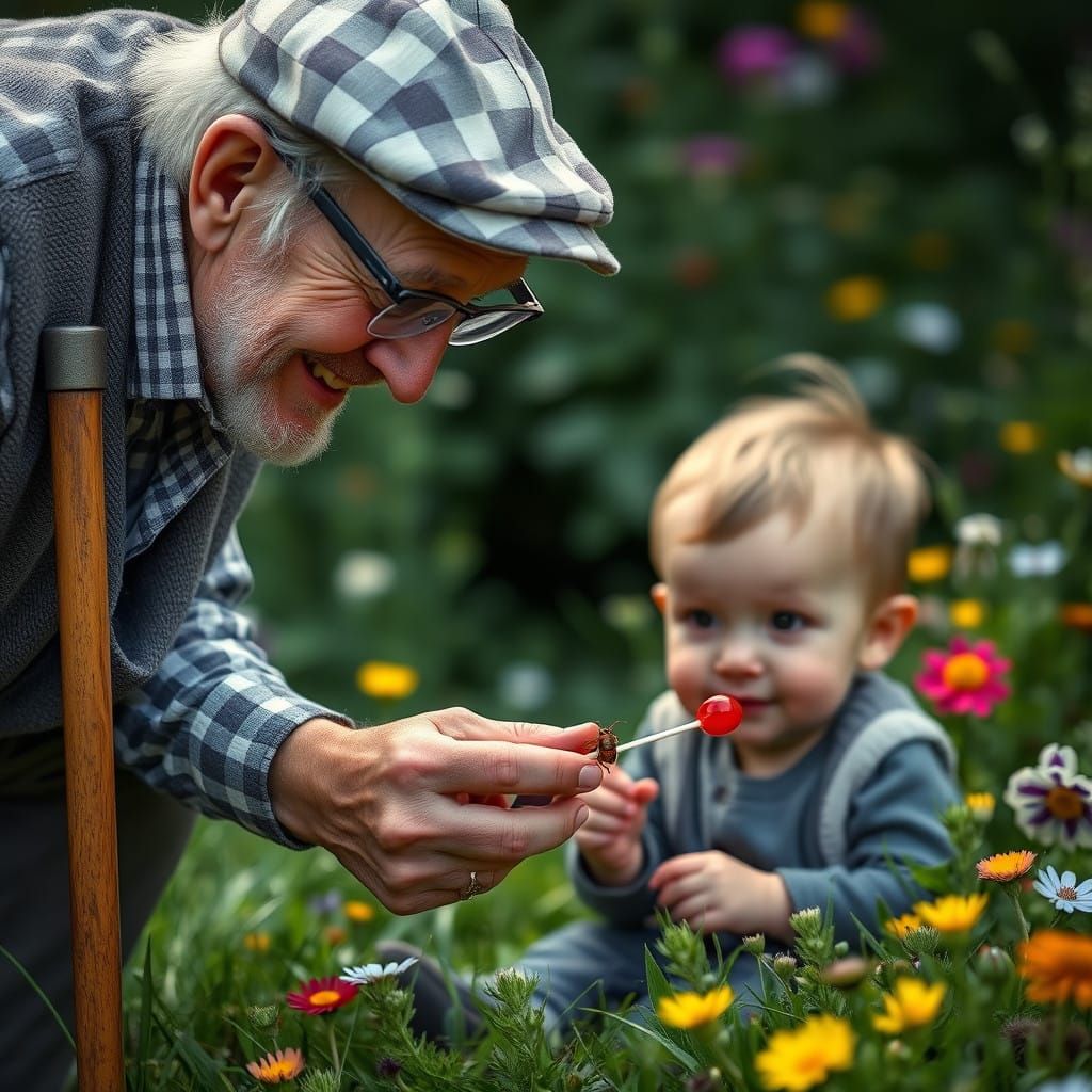 Elderly Gentleman Offers Lollipop to Curious Child in Whimsi...