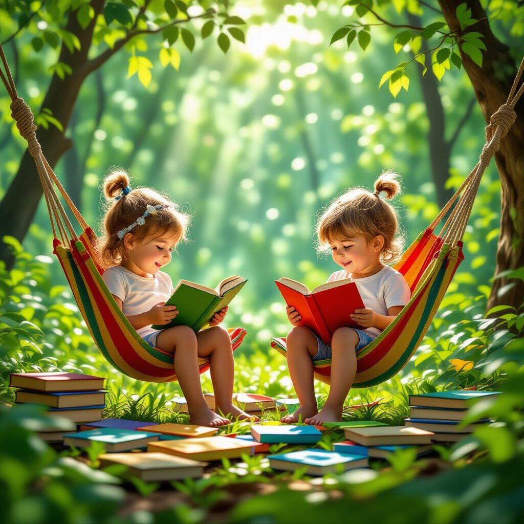 Children Reading Books in Lush Forest Hammocks