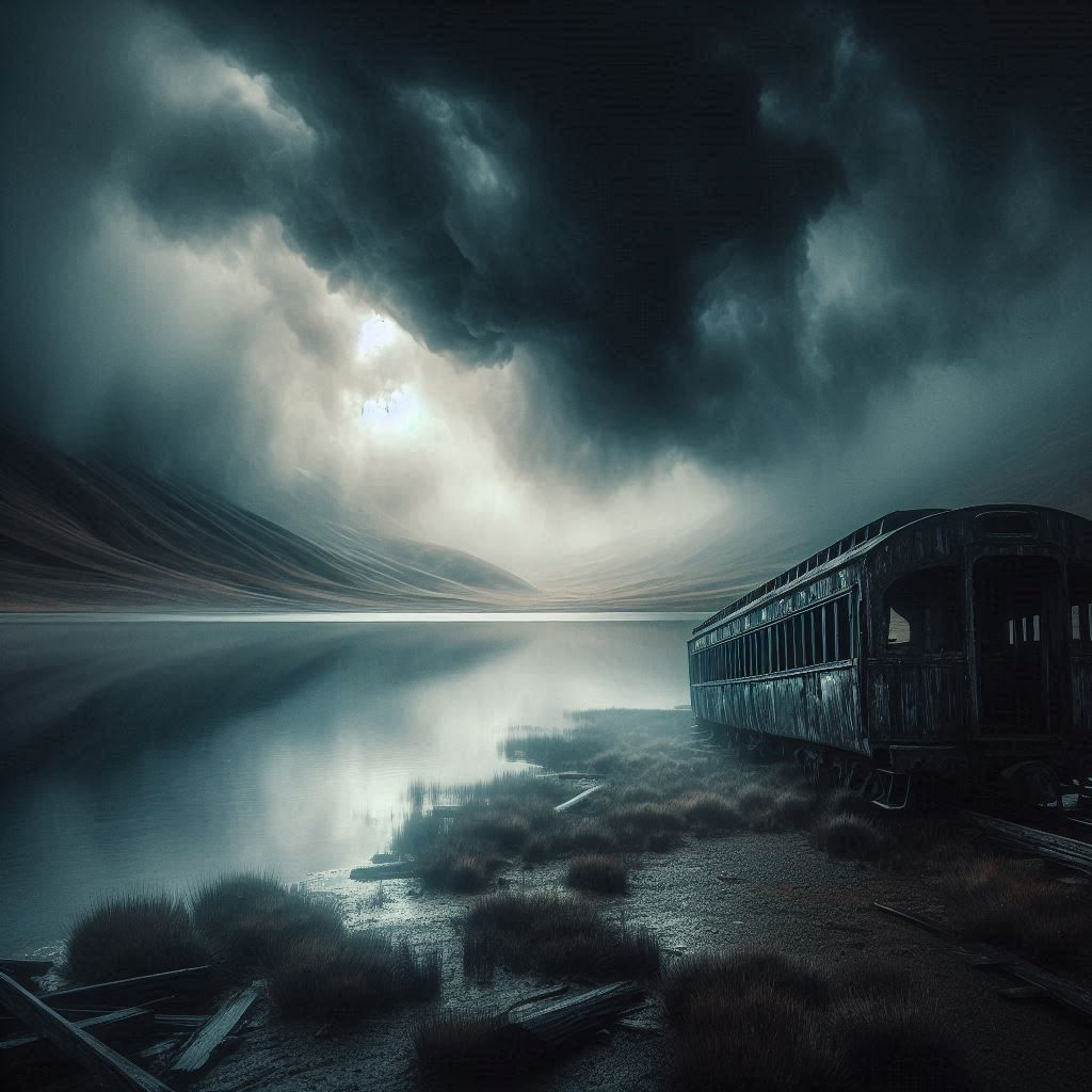 abandoned train car, partially submerged