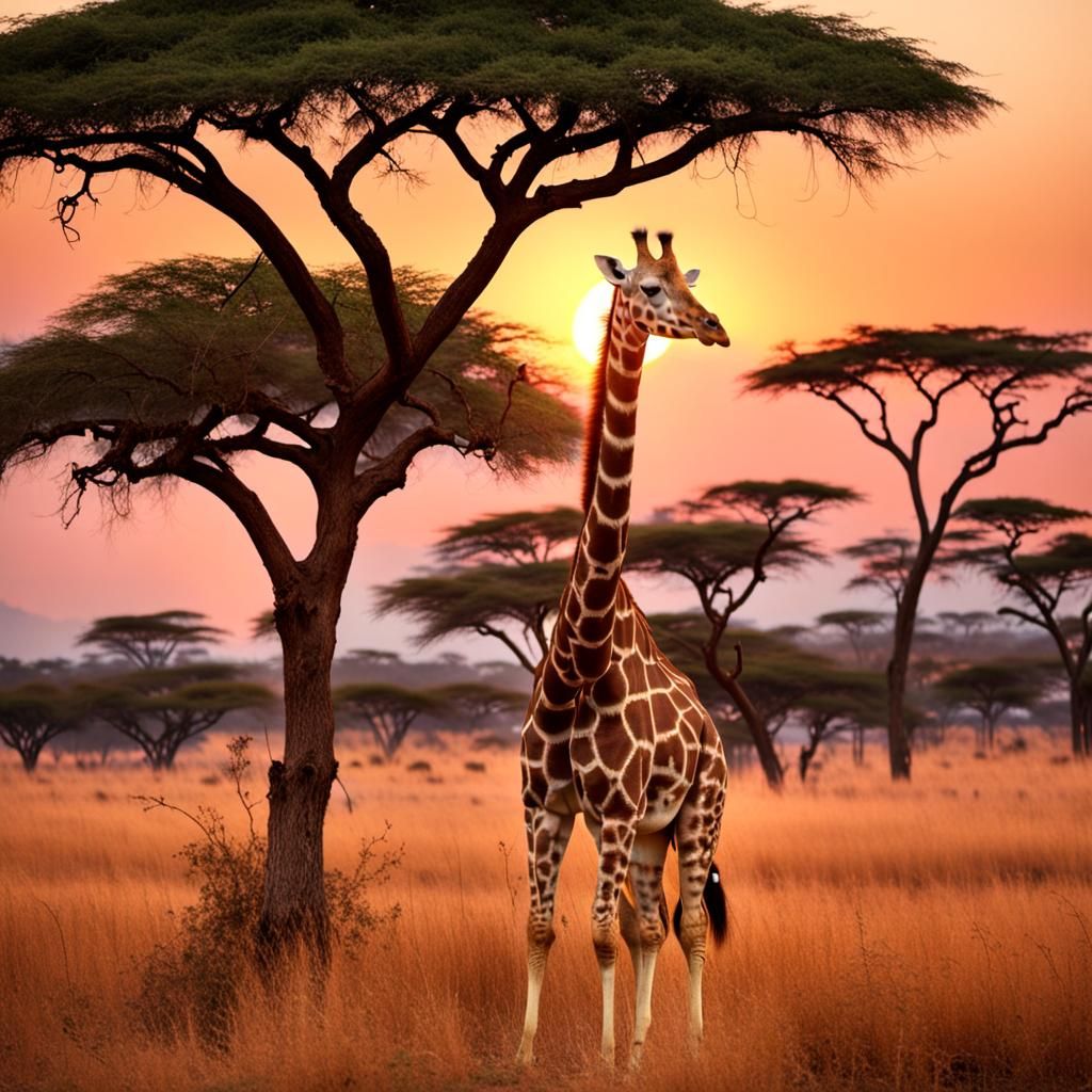 Giraffe at Safari looks really pretty, safari tree , sunset, 4k  by @YEARFORCE