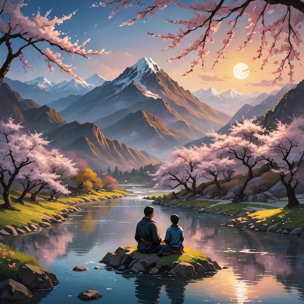 Coyote by River with Cherry Blossoms: Oil Painting