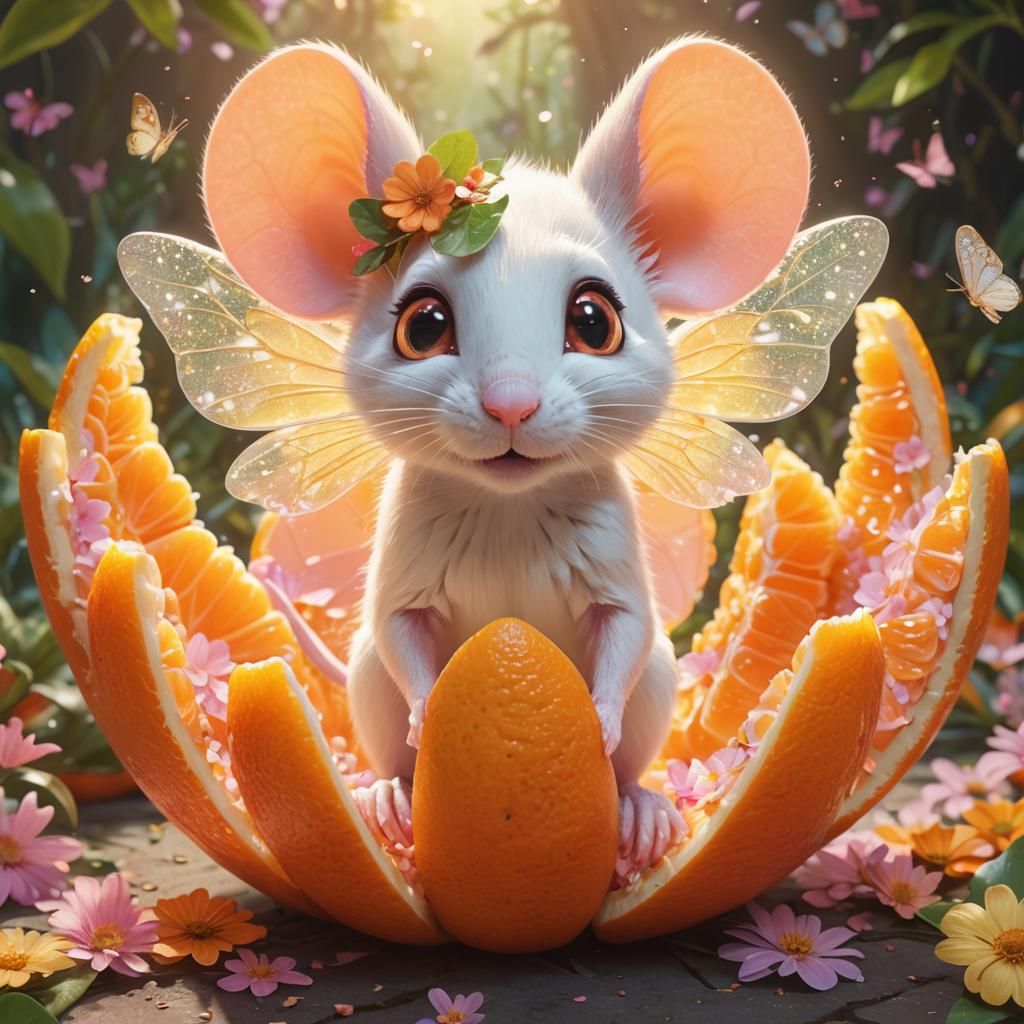 A CGI female white mouse with big pink ears and bright big e...