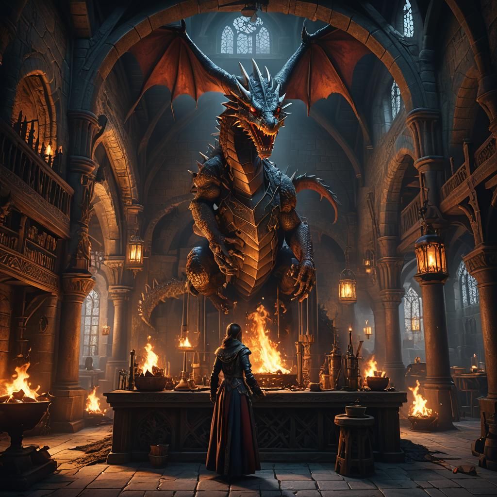 A medieval lair with a dragon and a strong female leader  by @Amelia RW
