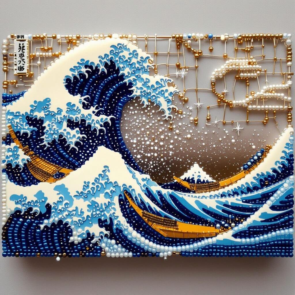 created with 3d beads, threaded on wire: sparkling and shaped beads: "The Great Wave off Kanagawa"