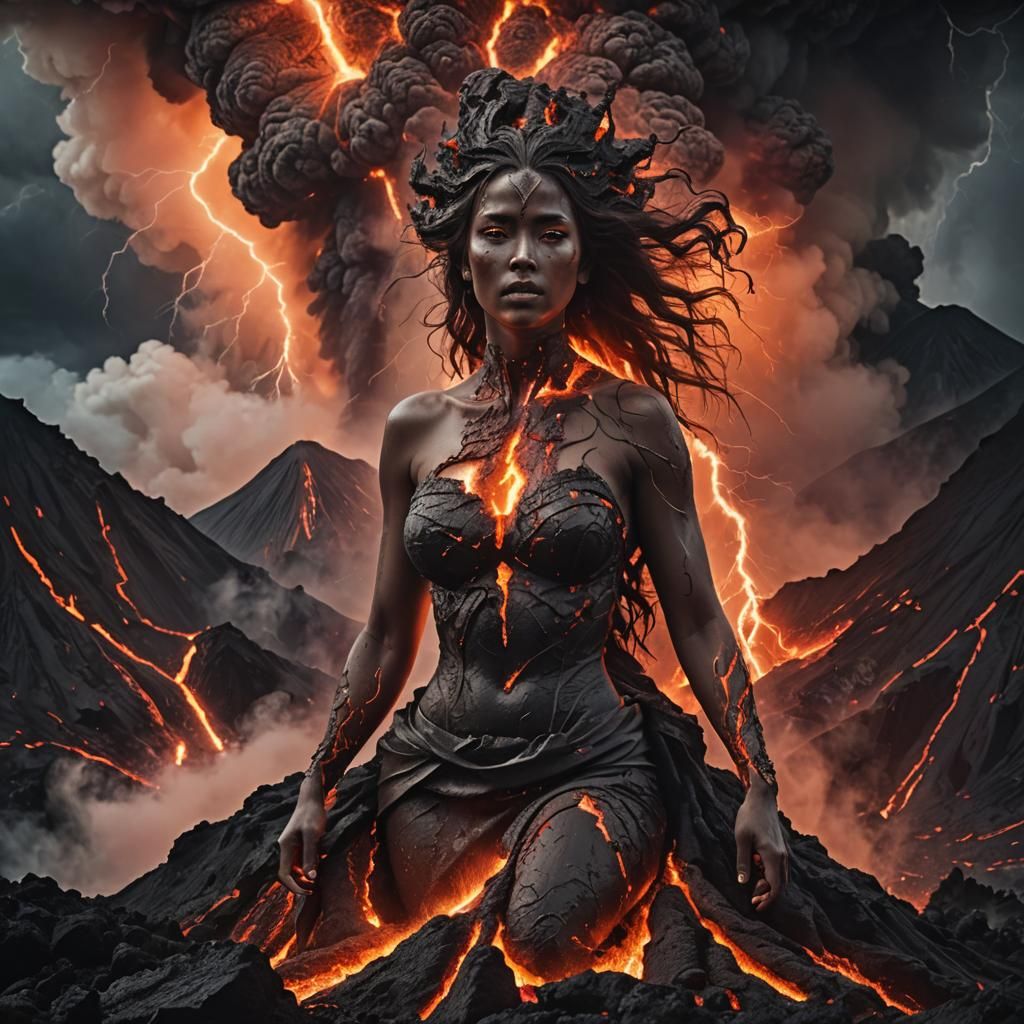 imagine a beautiful goddess coming out of a volcano that is erupting lava and lightning  by @RALF