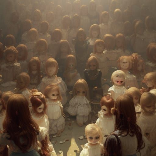 A creepy doll factory with rows of lifeless dolls staring blankly into space.