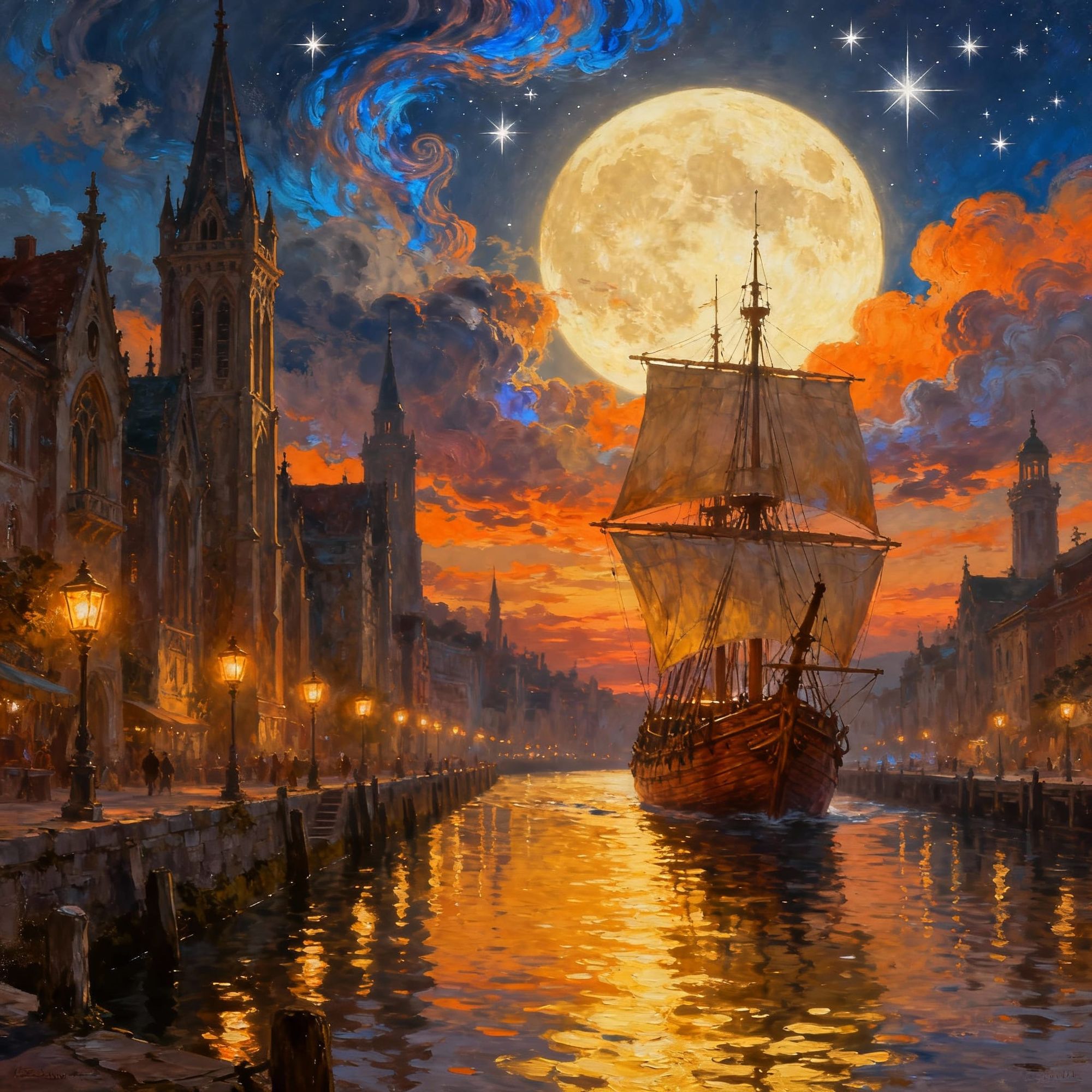 A majestic fantasy harbor city at sunset, with golden light reflecting on calm water. Tall gothic-style buildings with spires and towers lin...