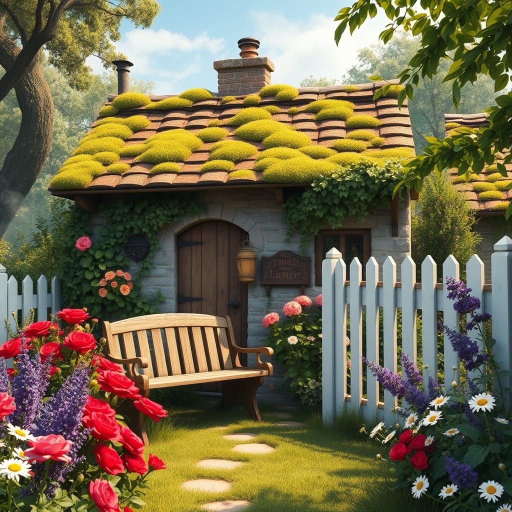Charming Cottage with Flower Garden, Watercolor Style
