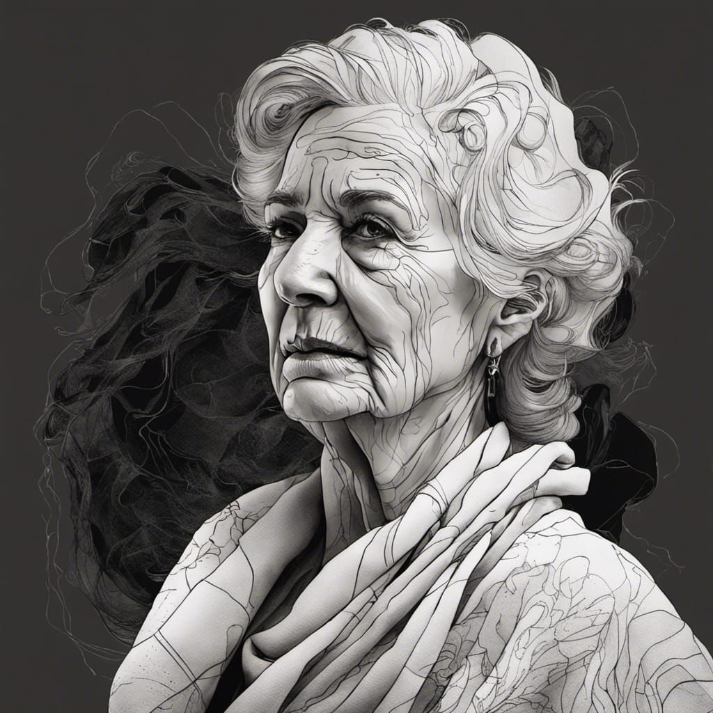 Black & White Ink Portrait Older Woman in a Studio - AI Generated ...