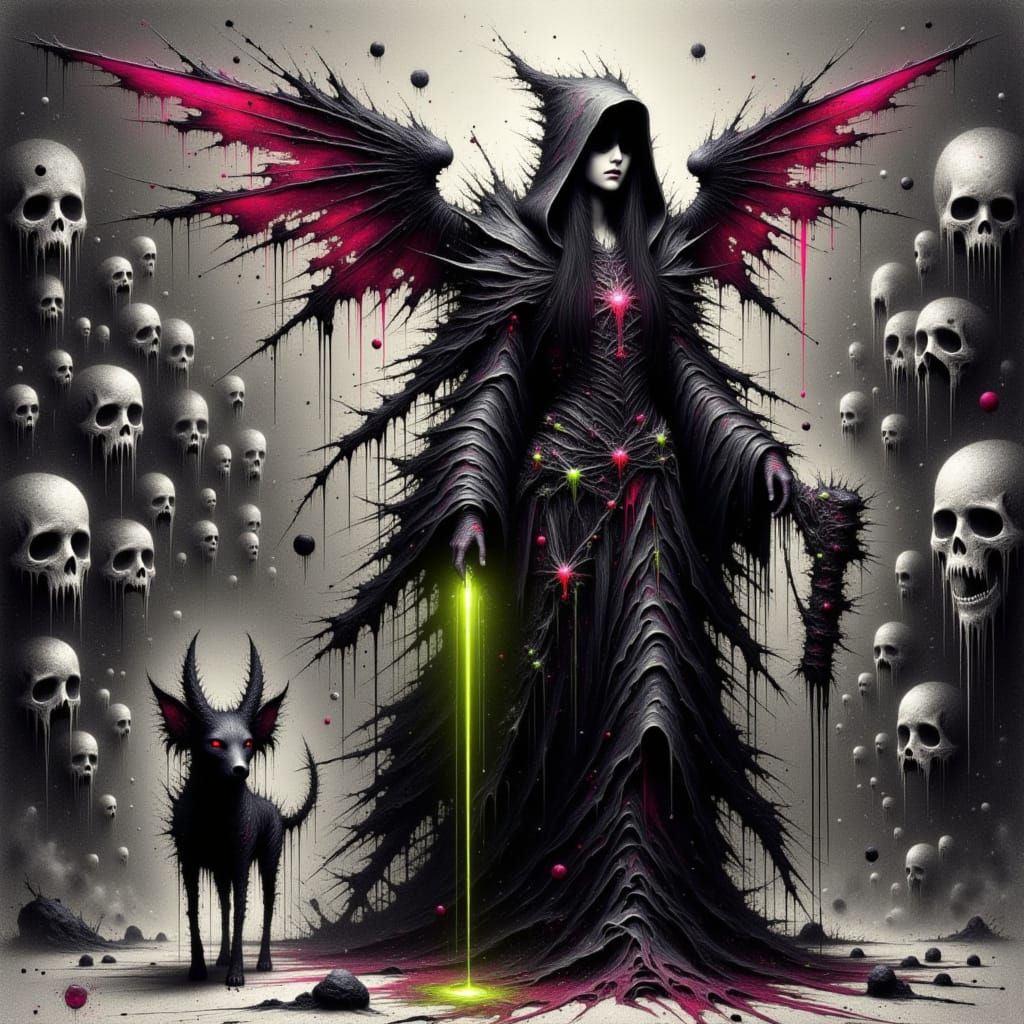 <lora:All About The Drip:1.0> Visualize a complex composition filled with splattered ink and significant paint drippings. At the center is a...